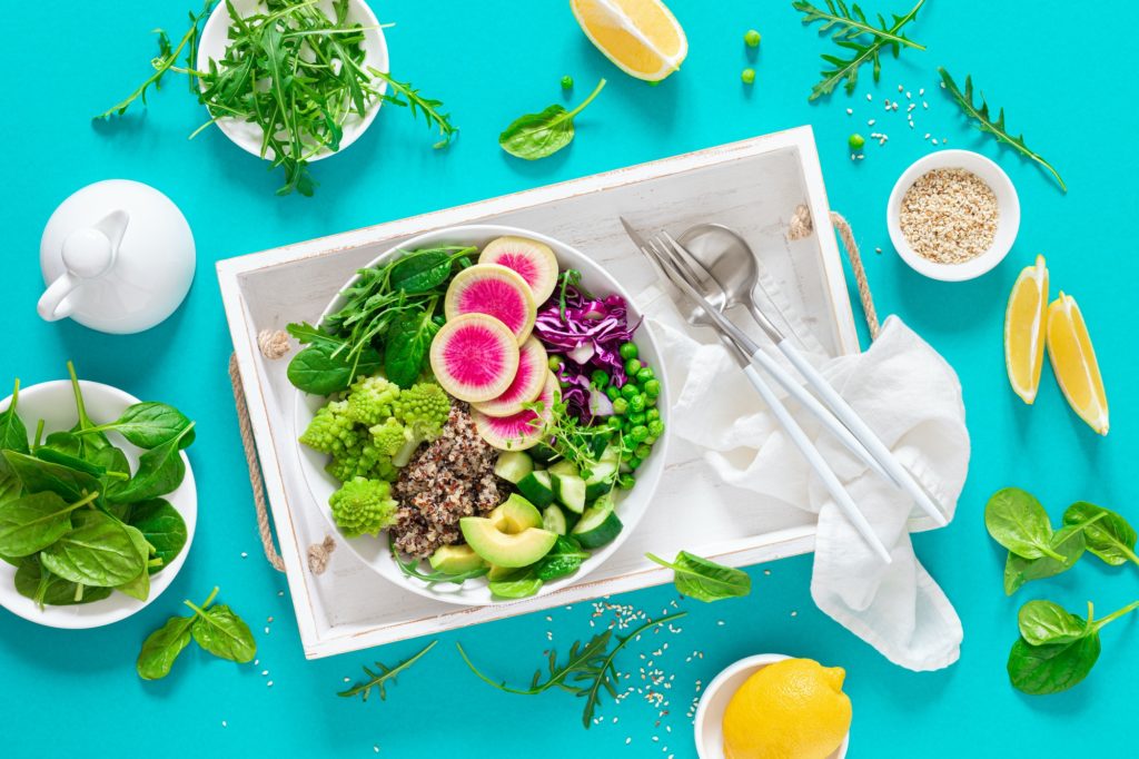 Vegan lunch bowl with quinoa and salad, vegan diet